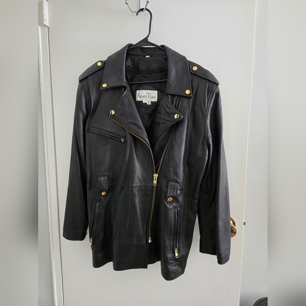 Vintage Albert Duke Black Genuine Leather Moto Jacket with Gold-Tone Hardware